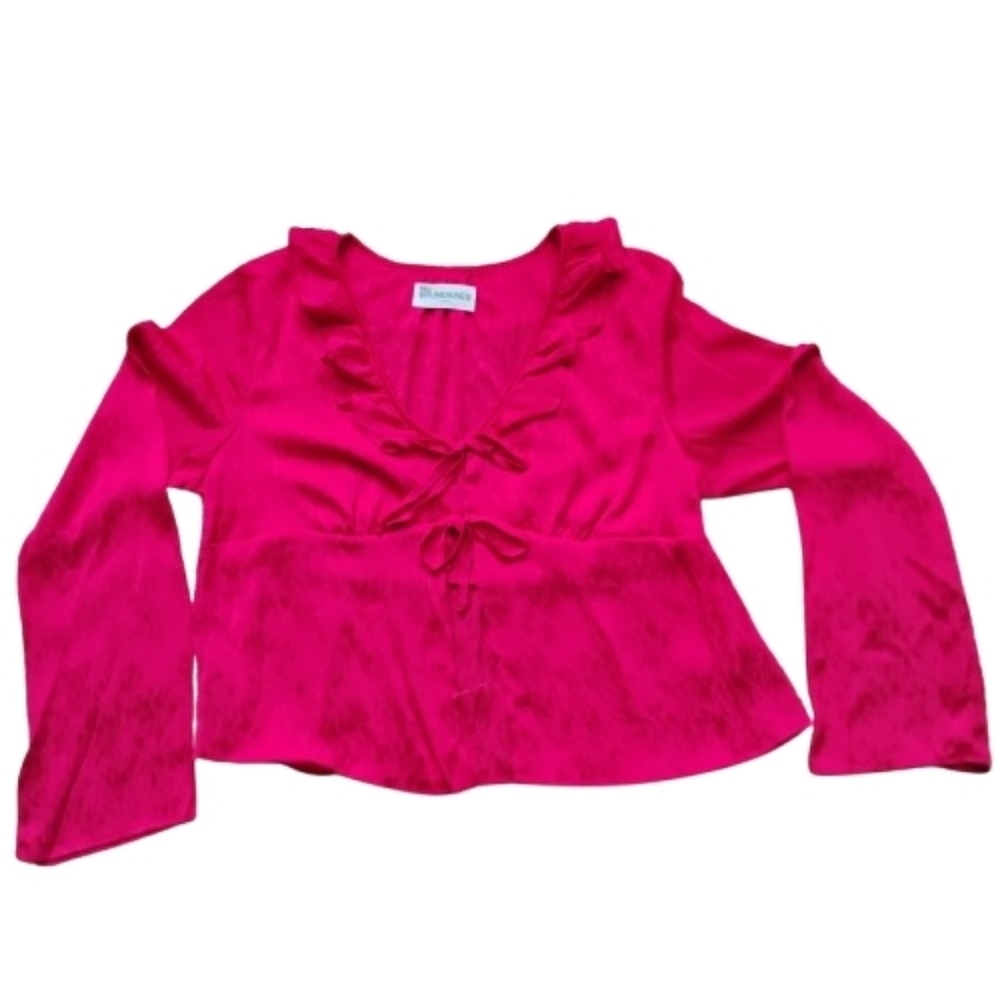 NWT Silky Red Ruffle Tie-Front Blouse Textured Valentine Coquette